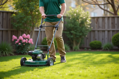 Homme en tenue casual utilisant un scarificateur dans un jardin