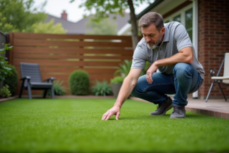 Homme d'âge moyen vérifiant un échantillon de gazon synthétique extérieur