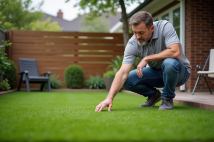 Homme d'âge moyen vérifiant un échantillon de gazon synthétique extérieur