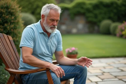 Homme inspectant une chaise en bois dans un jardin