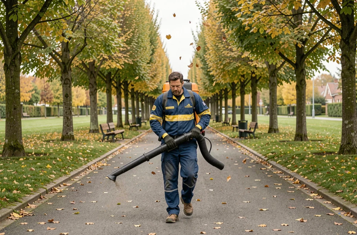 Agent de terrain ID Verde en uniforme bleu et jaune soufflant les feuilles dans un parc municipal de La Courneuve en Île-de-France