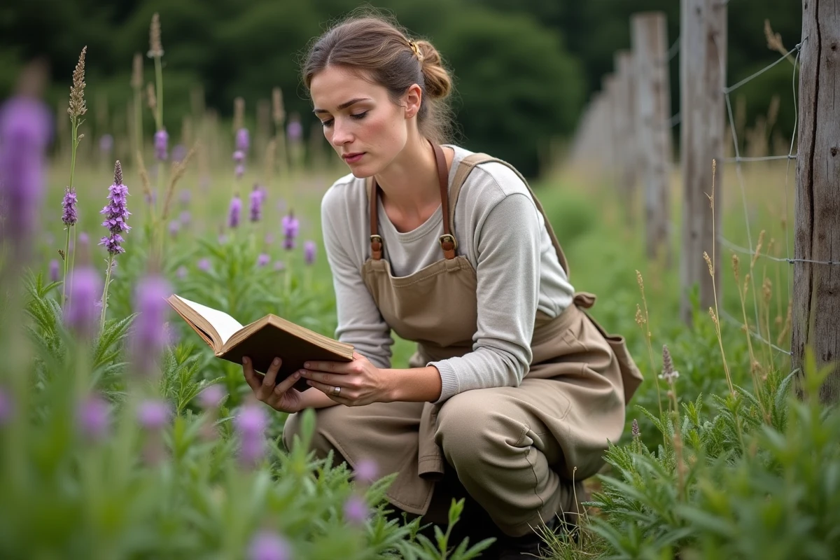 Femme identifiant des fleurs sauvages violettes avec un guide botanique dans un jardin naturel, sécurité plantes comestibles