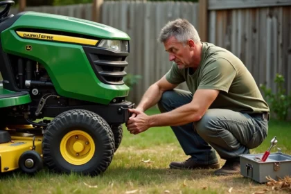 Homme inspectant le mécanisme d'enclenchement de lame sous un tracteur tondeuse dans un jardin résidentiel