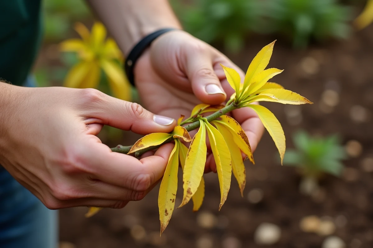 Mains de jardinier inspectant une branche de laurier rose aux feuilles jaunes