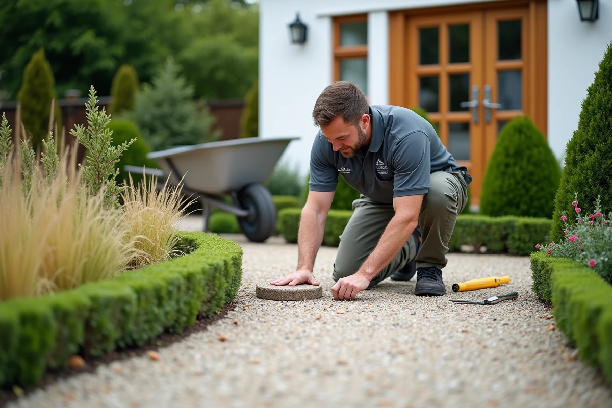 Aménagement paysager de jardin avant avec allée en gravier et massifs fleuris devant une maison individuelle