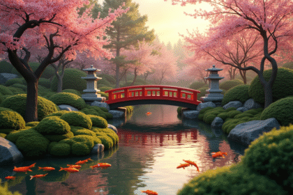 Jardin japonais au lever du soleil avec pont rouge et lanternes