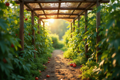 Jardin avec plants de tomates protégés par une cabane en bois ensoleillée