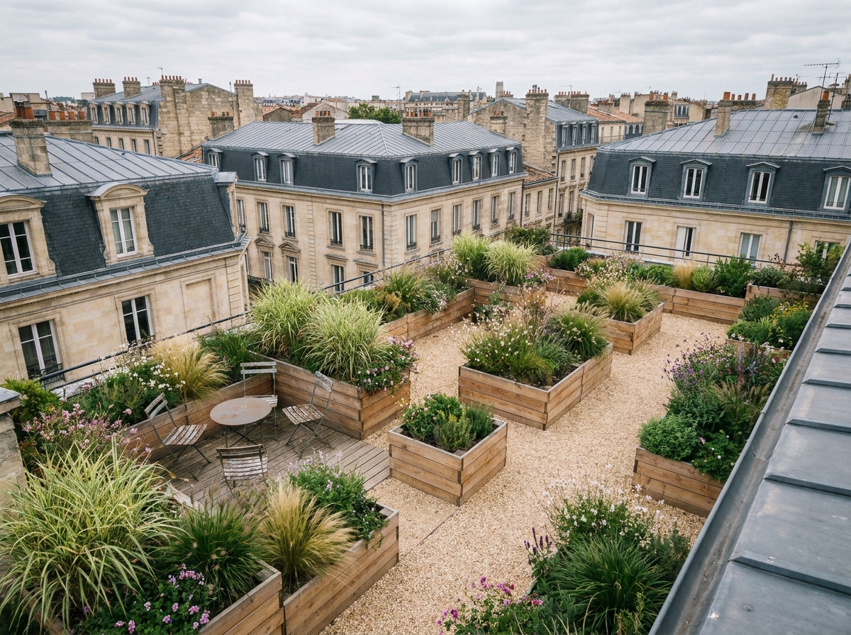 Vue aérienne d'un jardin de toiture aménagé avec des bacs en bois et mobilier bistrot à Bordeaux