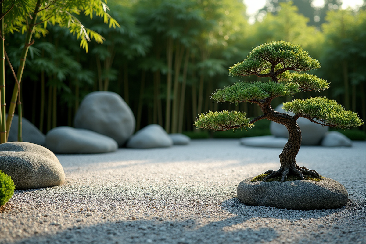 Jardin zen avec gravier raye et bonsaï en premier plan