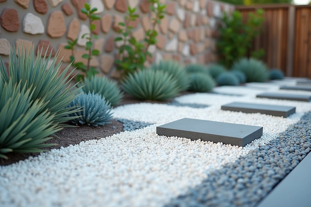 Jardin zen sec avec agaves, fescues bleues et gravier ratissé en motifs géométriques sur terrasse urbaine