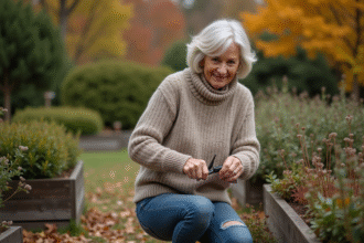 Femme d'âge moyen taillant des plantes dans un jardin automnal
