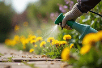 Personne appliquant un spray maison contre les mauvaises herbes