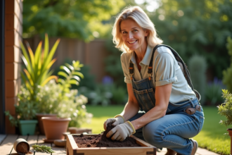 Femme en jardinage posant avec terre dans un jardin ensoleille