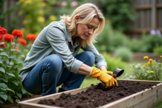 Femme de jardinage en plein air avec sol riche et fleurs