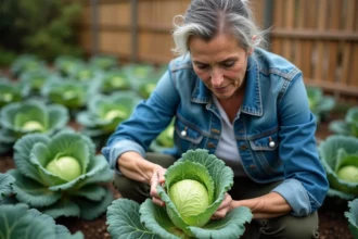 Femme jardiniere inspectant une feuille de chou endommagée