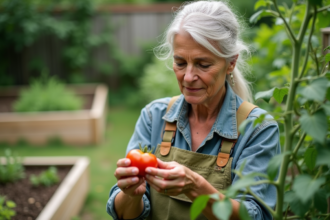 Femme jardinant examine des feuilles de tomate avec des pucerons
