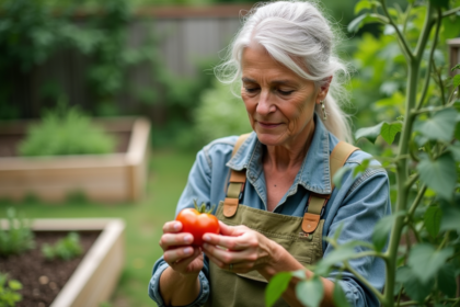 Femme jardinant examine des feuilles de tomate avec des pucerons
