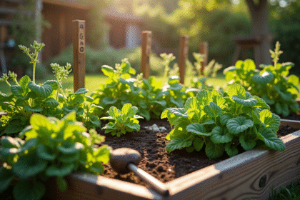 Jardin surélevé avec légumes et herbes aromatiques ensoleillées