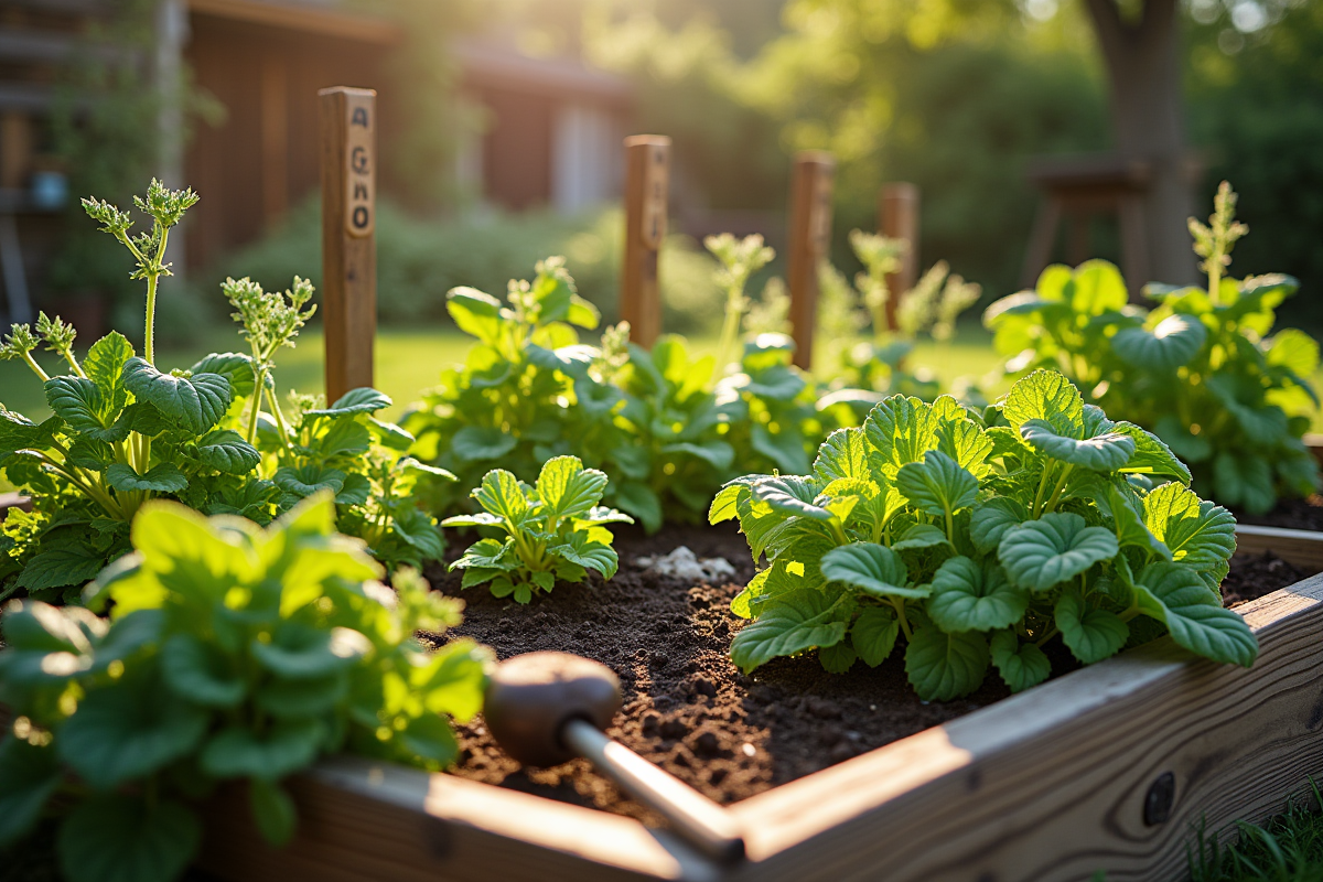 Jardin surélevé avec légumes et herbes aromatiques ensoleillées