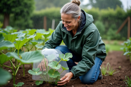Femme jardinant avec une veste imperméable et une protection sur un jeune zucchini