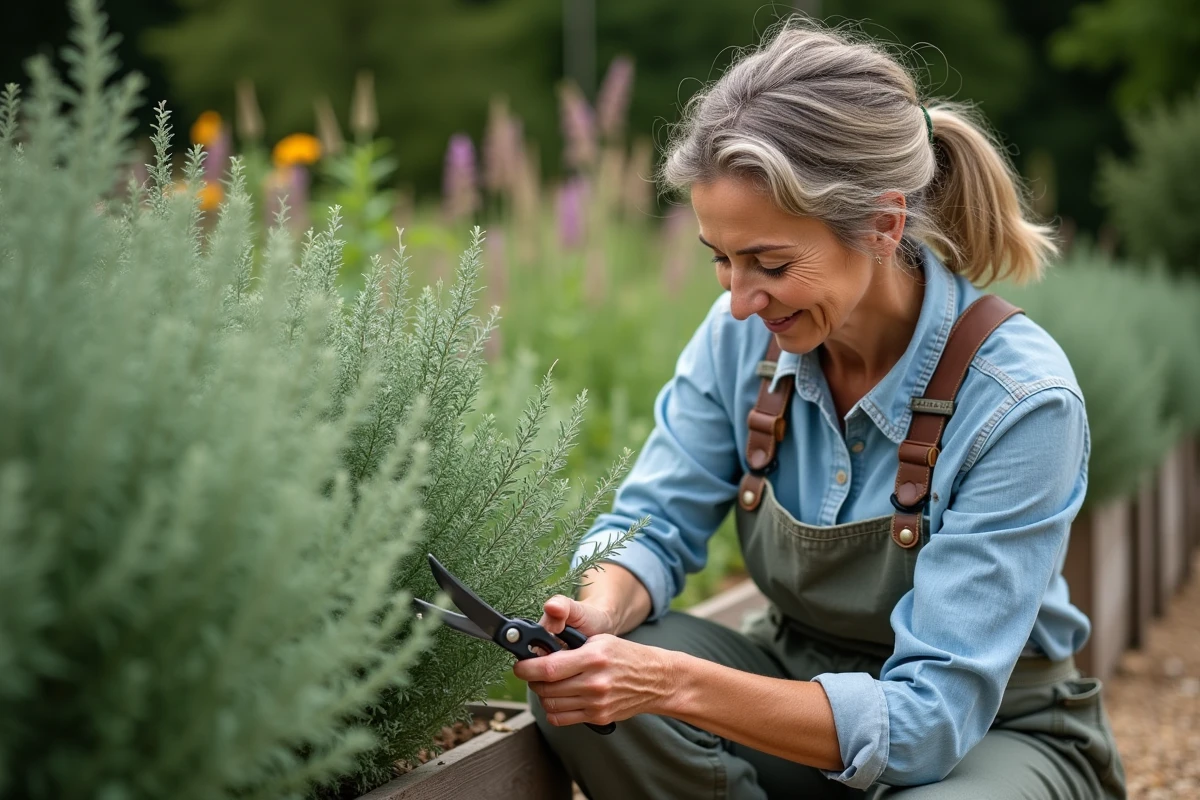 Femme jardinant avec sécateurs dans un jardin luxuriant