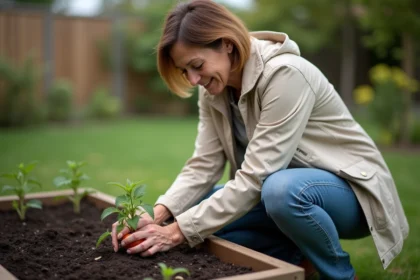 Femme plantant une jeune tomate dans un jardin en été