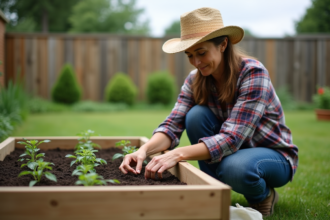 Femme en chapeau de paille plantant des tomates dans un jardin
