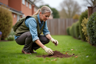 Femme jardinant avec gant et repellant naturel dans le jardin