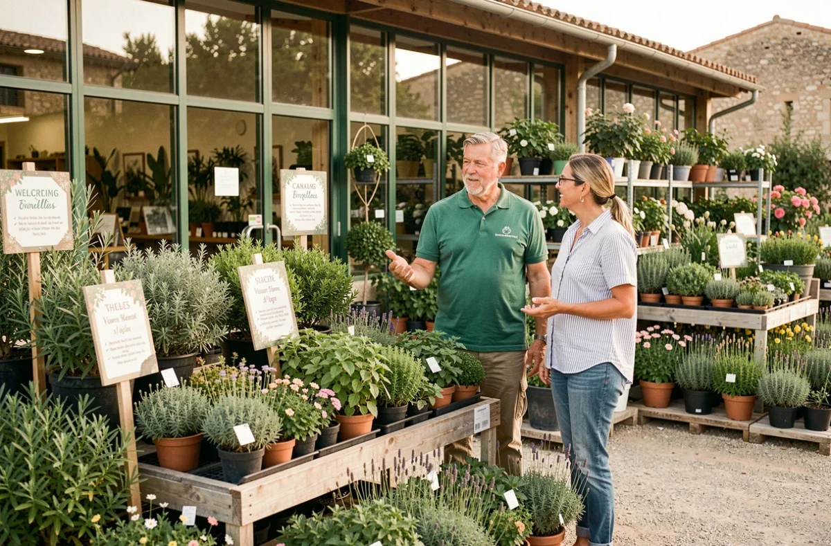 Jardinerie Riera à Venelles avec un horticulteur expert donnant des conseils personnalisés à des clients parmi un large choix de végétaux méditerranéens