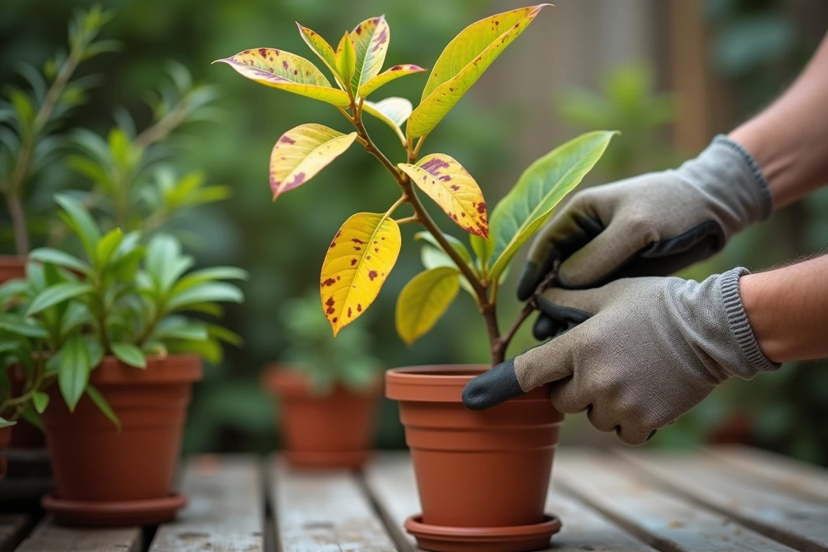 Jardinier tenant une branche de laurier rose avec des feuilles jaunes malades, examinant les signes de dépérissement