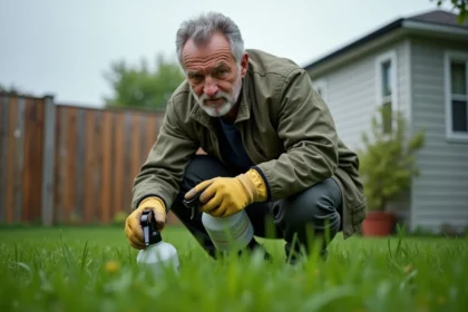 Jardinier hésitant à traiter sa pelouse avec un herbicide sélectif avant la pluie dans un jardin suburban