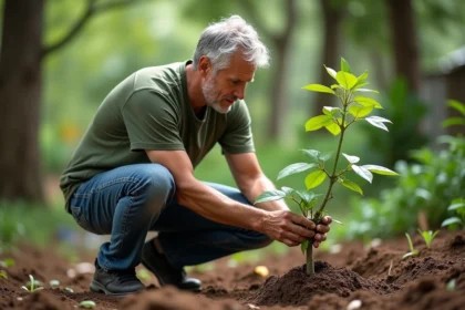Homme d'âge moyen vérifiant un jeune arbuste de goyavier dans son jardin