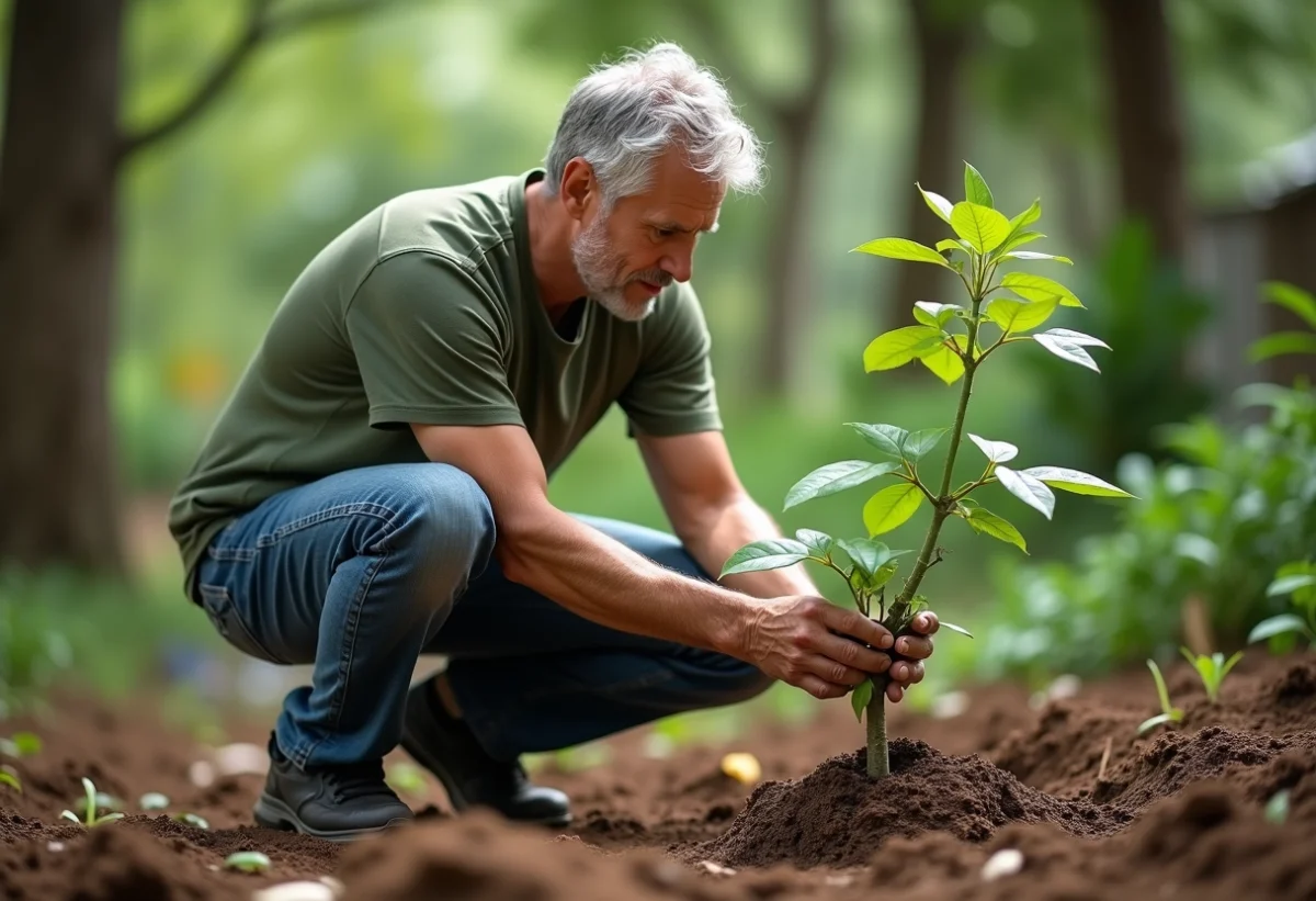 Homme d'âge moyen vérifiant un jeune arbuste de goyavier dans son jardin