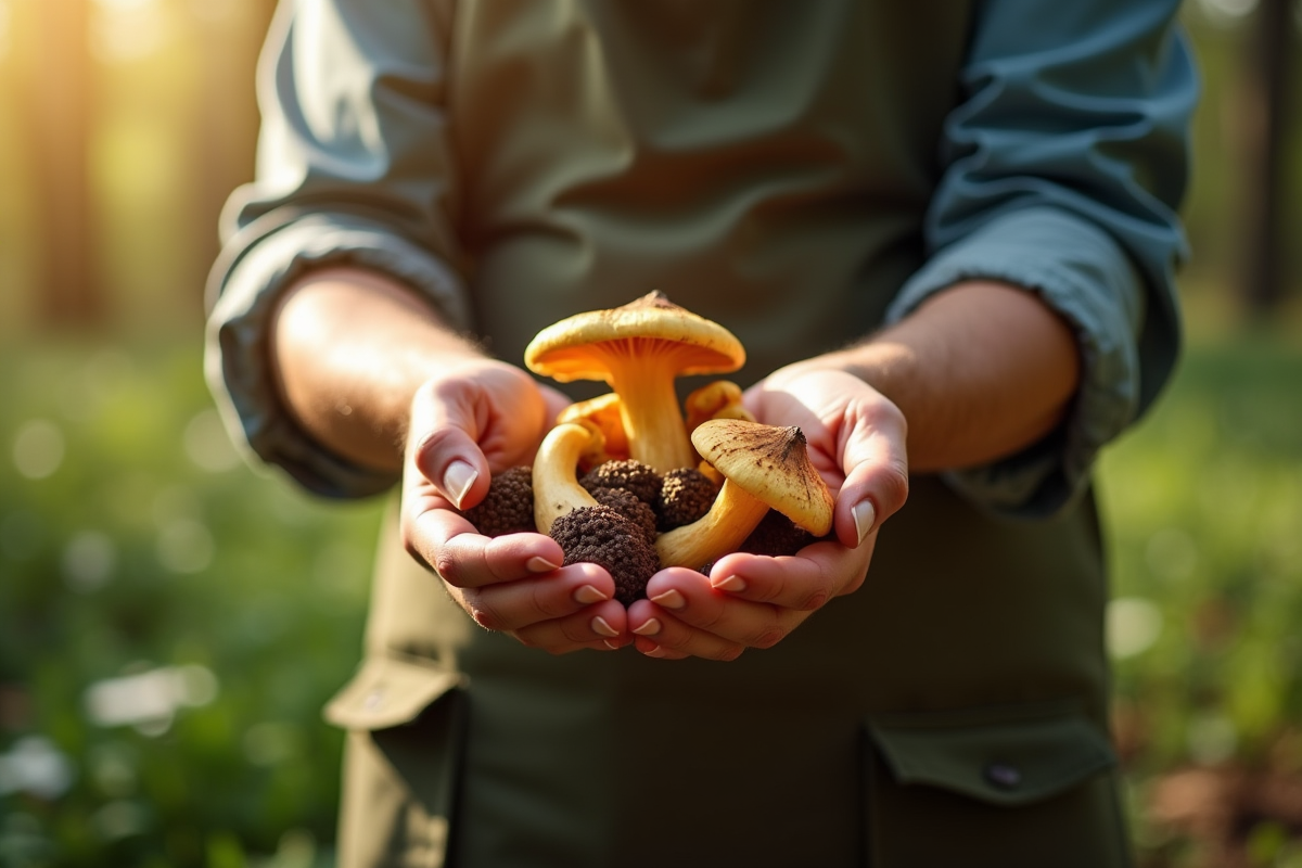 Jardinier tenant des champignons dans un jardin en plein air