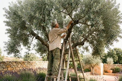 Jardinier sur une échelle inspectant un olivier trop haut et trop dense dans un jardin provençal