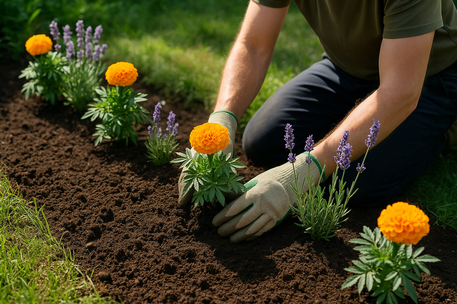 Jardinier plantant des plantes aromatiques pour repousser les taupes