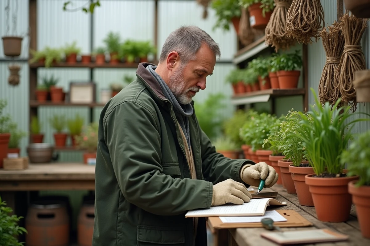 Jardinier amateur consultant son carnet de notes dans une petite serre remplie de pots en terre cuite, sachets de graines et herbes aromatiques