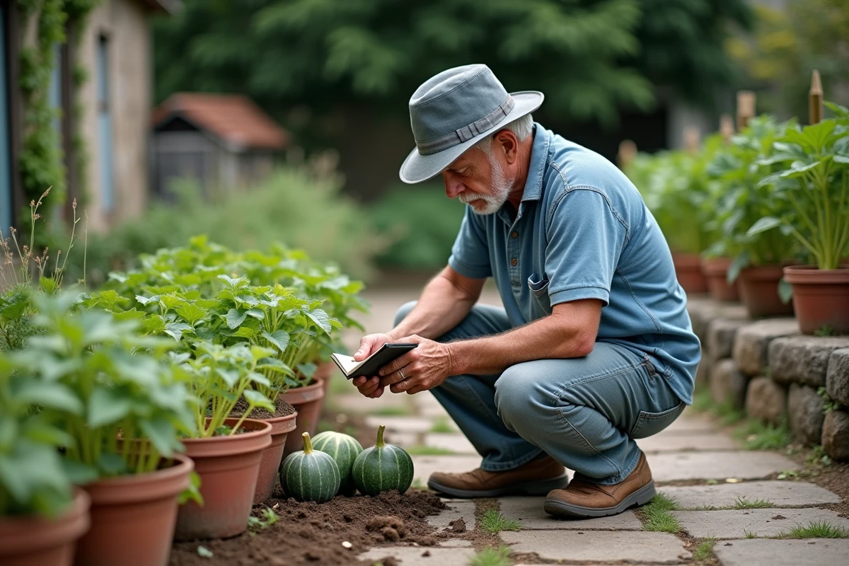 Jardinier expérimenté comparant plusieurs plants de melon en pot à différents stades de croissance sur une terrasse