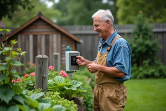 Homme jardinier vérifiant un système d'irrigation automatisé dans son jardin
