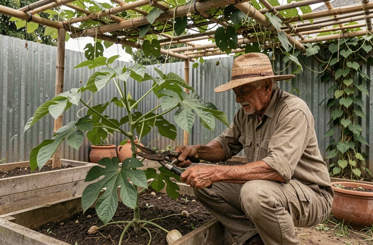 Jardinier âgé taillant les tiges latérales d'un plant de christophine avec un sécateur dans un potager familial
