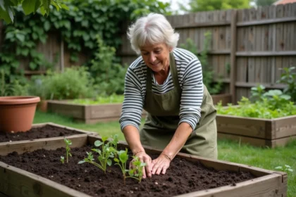 Jardinière amateur en tablier de lin transplantant des semis dans un potager surélevé en bois dans un jardin de banlieue verdoyant