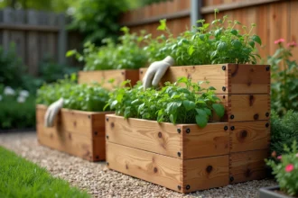 Jardinière bois modulable en cèdre avec deux niveaux empilés remplie de plantes aromatiques dans un jardin résidentiel