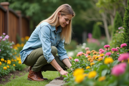 Femme en jardinage dans un jardin fleuri en plein air