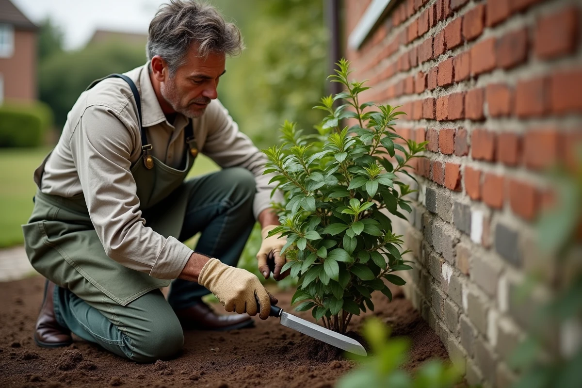 Jardinière inspectant les racines d'un laurier rose planté contre un mur en brique dans un jardin de banlieue