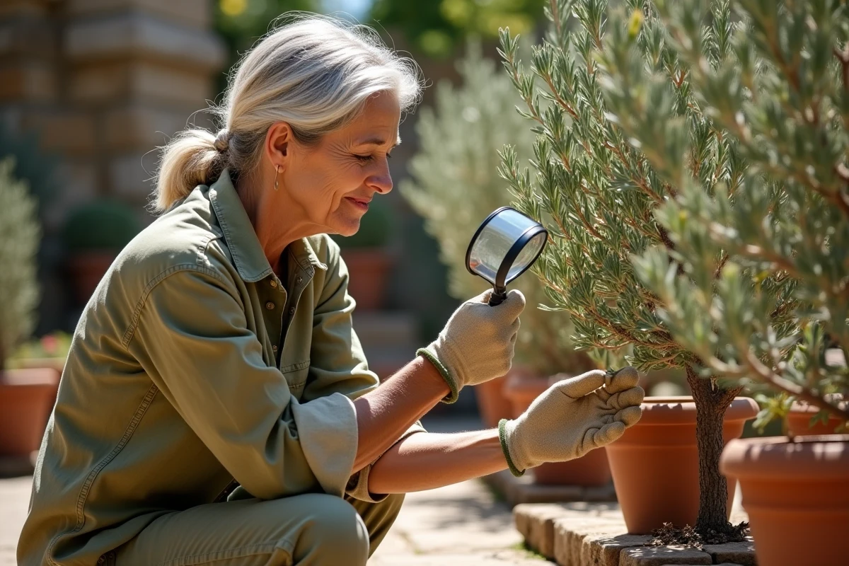 Jardinière examinant les feuilles collantes d'un olivier en pot atteint de cochenilles