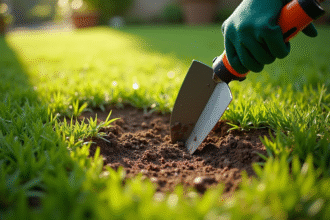 Pelouse de jardin avec des centipedes enlevés à la main