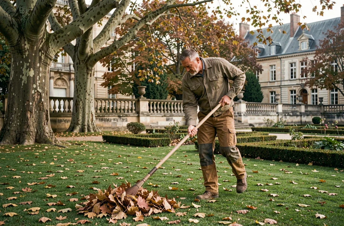 Un jardinier des Jardins de Brocéliande ratisse les feuilles d'automne dans un grand jardin à la française près d'Angers, entouré de platanes centenaires et d'une balustrade en pierre