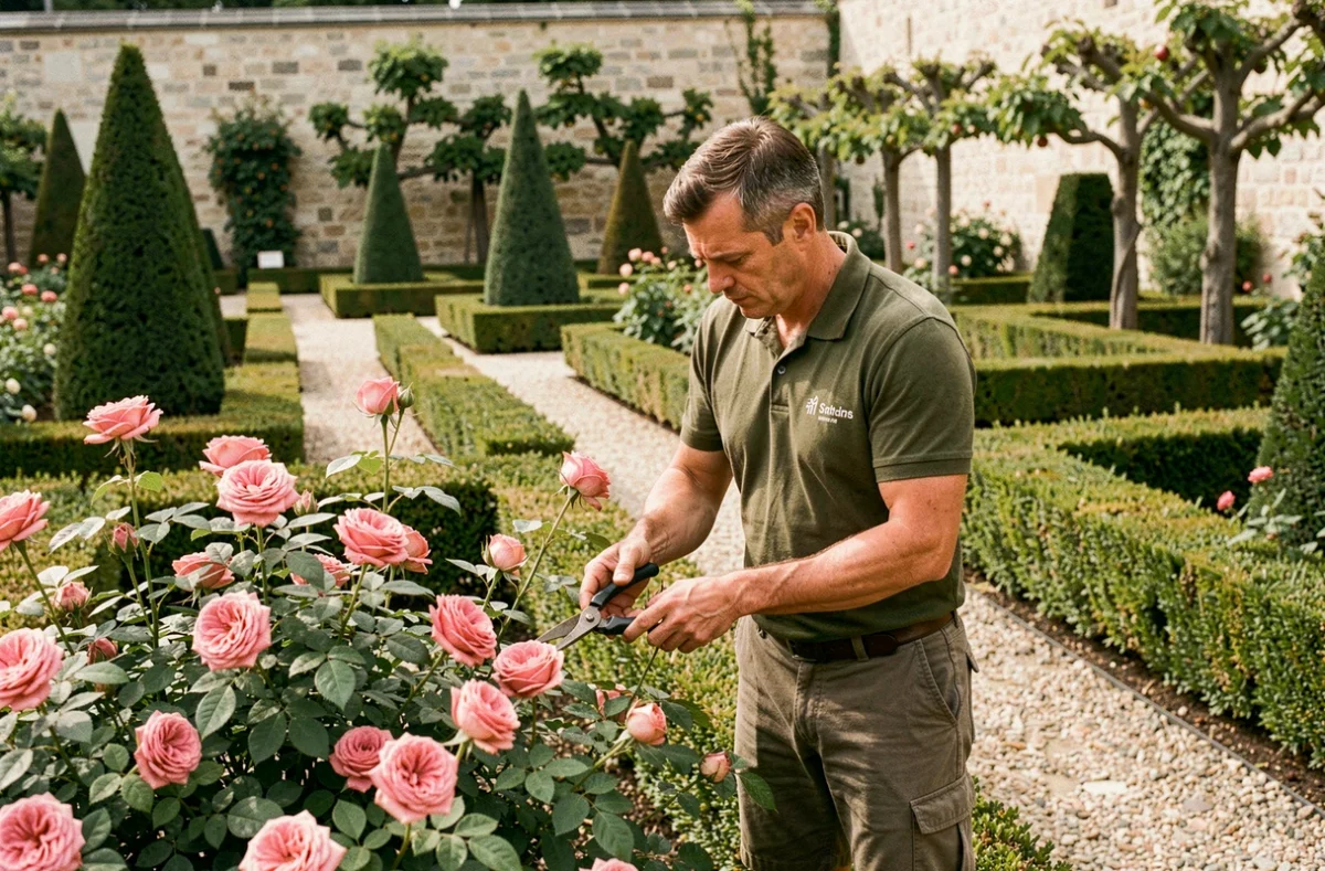 Horticulteur des Jardins de Gally Saint-Denis taillant des rosiers dans un jardin formel structuré avec haies et allées en gravier