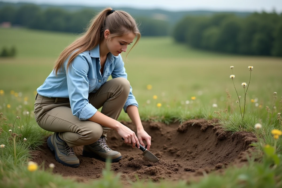 Jeune agronome collecte un échantillon de sol dans un champ