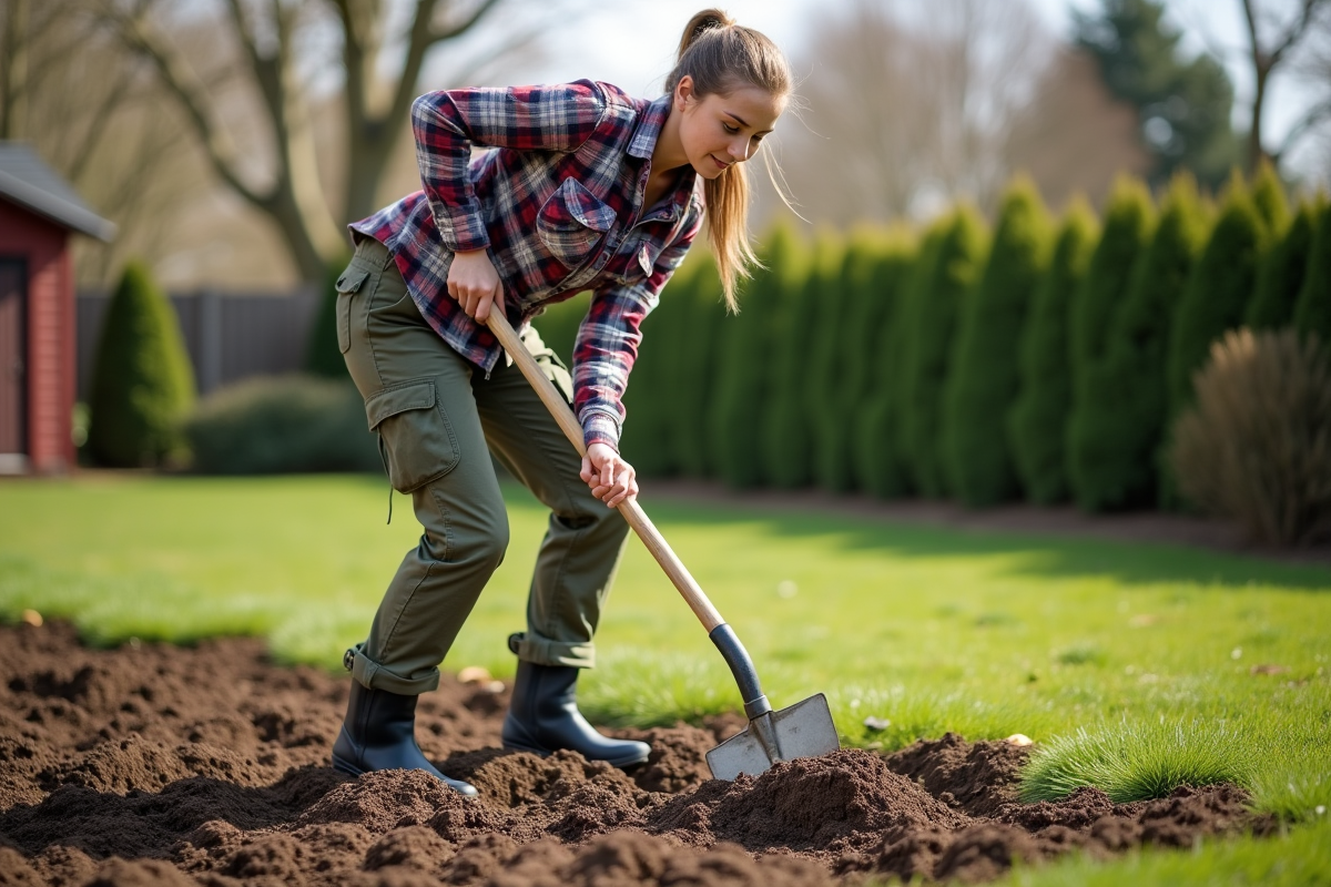 Jeune femme en vêtements de jardinage nivelant la terre avec un râteau dans un jardin